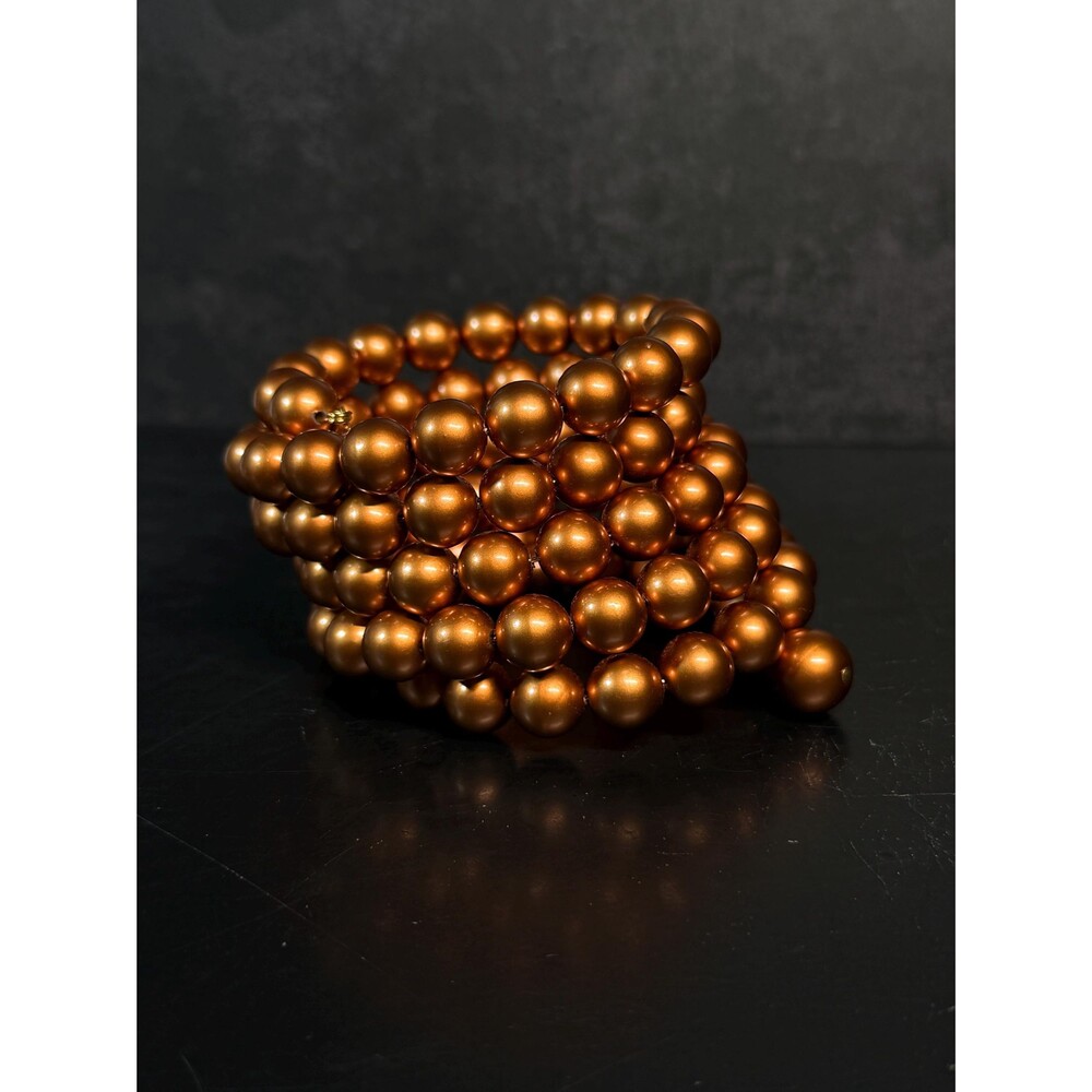 Copper Orange Faux Pearl Coil Wrap Bracelet Wide Beaded Cuff with Dangles